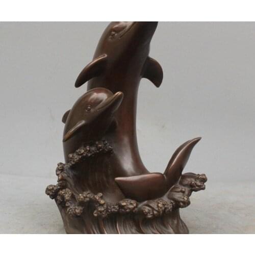 12" China Art Sculpture Mother And Child Dolphin Swimming Bronze Statue