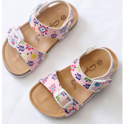 2020 Summer Girls Sandals Printing Pu Leather Corks Open Toe Slides Flats with Little Girl Shoes for School 2-12 Years Toddler