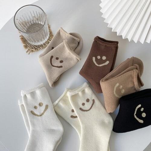 3 Pair/set Winter Womens Smiley Face Thicken Warm Socks Harajuku Combination Hemming High Quality Wool Fashion Cotton Socks