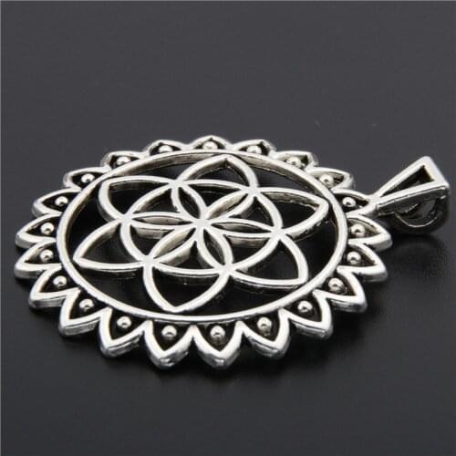 3Pcs Silver Color Round Shaped Flower Charms Finding Yoga OM Necklaces Pendant Ornaments Jewelry Supplies 49x41mm A2717