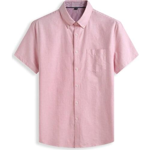 8-color Mens Short-sleeved Shirt 100% Cotton Oxford Summer Fashion Solid Color Loose Business Casual Shirt Plus Size Pink Blue