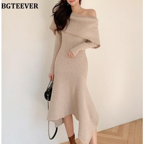 BGTEEVER Casual One Shoulder Women Knitted Dress 2020 New Elegant Long Sleeve Slim Waist Ruffles Sweater Bodycon Vestidos Femme
