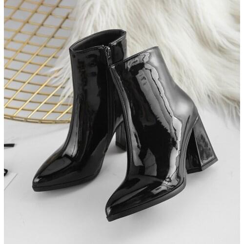 Silver Black Sexy Bright Leather Ankle Boots for Women High Heels Boots Ladies Autumn Winter Shoes Woman Platform Short Boots