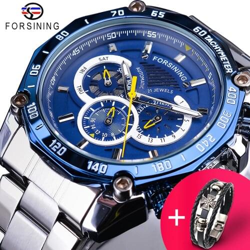 Forsining Watch + Bracelet Set Combination Blue Calendar 3 Dials Silver Stainless Steel Automatic Mechanical Watches Mens Clock