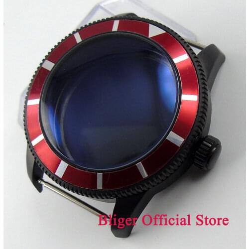 46mm Red Bezel Watchcase Black PVD Coated 316L Stainless Steel Case Fit 2836 movement Watch