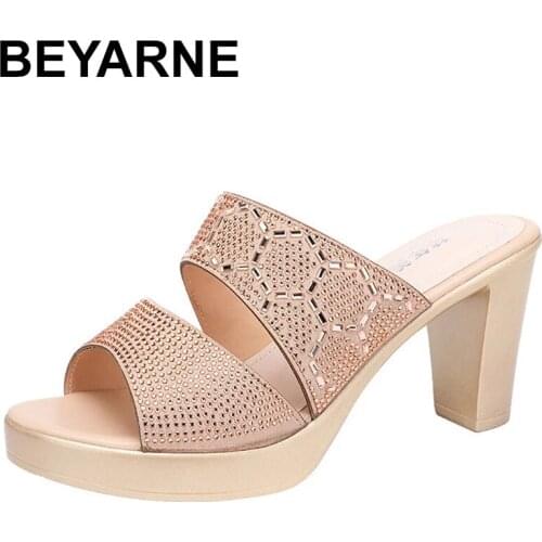 BEYARNE Gold High Heel Thick Heel Open Toe Outside Wear Sandals Women Summer 2021 New Large Size 32 To 43 Fashion Heels Shoes