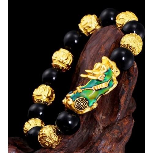 HFANCYW Natural Black Onyx Beads Bracelet Fancy Thermochromic Pixiu Charm Bracelet DIY Mens Sand Gold Jewelry Drop Shipping