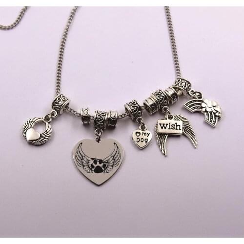 Paw print with angel wings stainless steel chain dog angel the rainbow bridge pet loss pet owner dog lover necklace