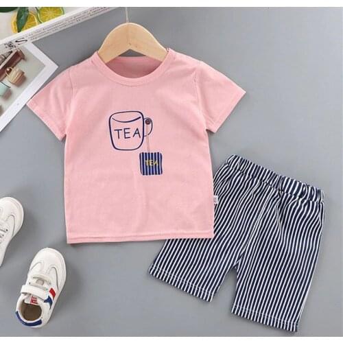 2pcs/sets 9M-7Y Unisex Summer Pajamas Childrens Sets short sleeve cottonT-shirt Pants for toddler boy clothes Girls Kids Suits