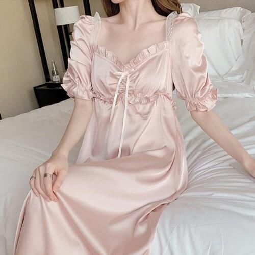 Summer Womens INS Style Sleepwear Stain Princess Sleepshirts Vintage Ladies Girls Ice Silk Puff Sleeve Nightgowns Nightdress