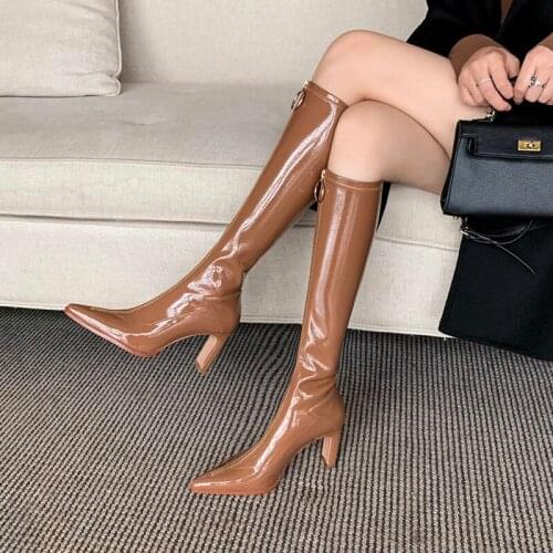 Fashion Slim Long Shoes Woman Back Zipper Pointed Toe Thick Heels Knee High Boots 2021 Winter Newest Party Basic Boots