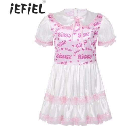 Men Sissy Silky Satin Doll Collar Short Puff Sleeves Printed Bodice Lace Trimmed Ruffled Dress Adult Baby Cross Dresser Costume