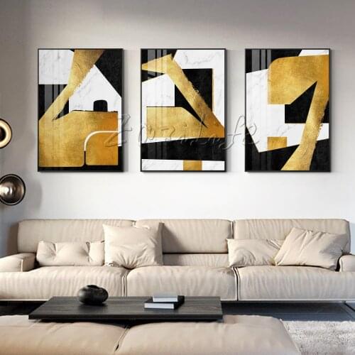 Set of 3 Abstract modern Hand Painted yellow white black Oil painting On Canvas Painting For Living Room Wall art decoration