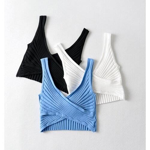 New Arrivals Casual Solid Knitted Camis for Women Super-Short Screw Thread Cross Bottoming Knit Sweater on Chest Cropped Top
