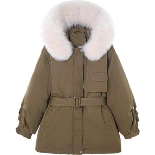 2021 Winter Womens 90% White Duck Down jacket Feather Coat Real Fox Fur Hooded Female Thick Parkas With Belt