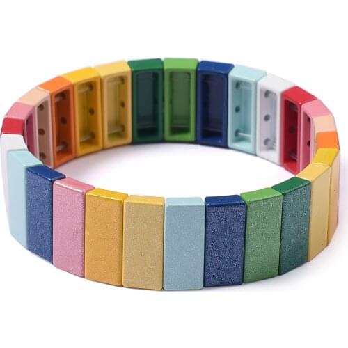 Rainbow Glitter Enamel Tile Beads Bracelet Strech Hematite Tila Colorblack Stackable Strand Bracelet Armband Charm Wristband