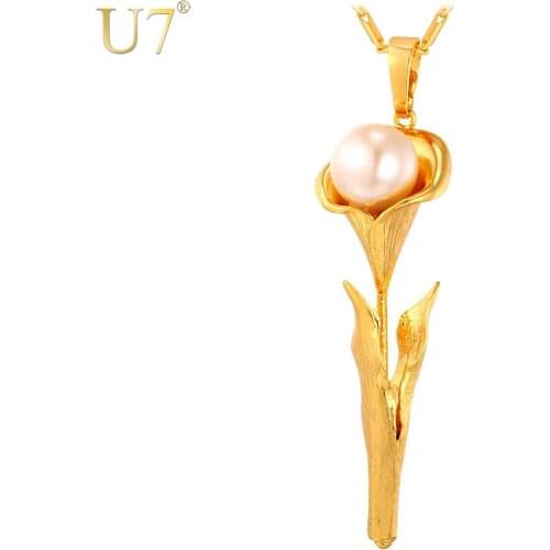 U7 White Simulated Pearl Jewelry Flower Pendant Necklace Gold/Silver Color Necklace Women Rose Valentines Gift P690
