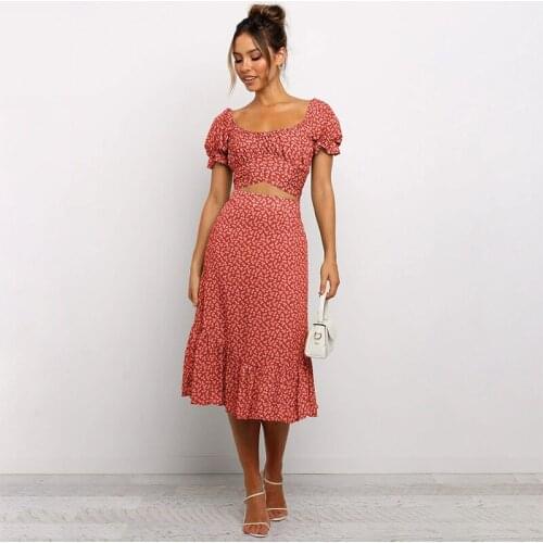 Women Skirts Suits Casual Two Piece Street Suit Puff Sleeve Floral Print Crop Tops Midi Skirt Sexy Elegant Summer Set 2021