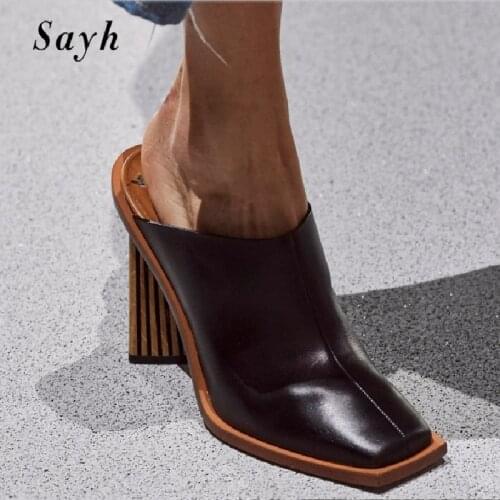 Size Plus Fashion Brand Women Square Toe Leather Mules Strange Style High Heels Sandals Runway Pumps Shoes Rome Shoes