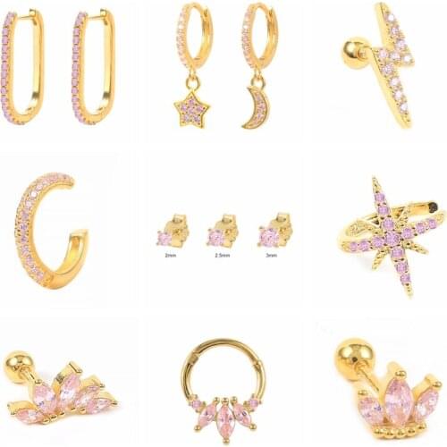 925 Sterling Silver Girl Romantic Pink Crystal Circle Earring For Women Wedding Engagement Ear Piercing Body Jewelry Gift 2021