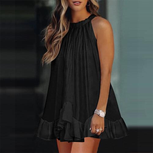 Casual Loose Hot New Product Color Hanging Ruffled Pure Summer Ladies Sleeveless Hanging Neck Ruffled Elegant Ultra Short Dress