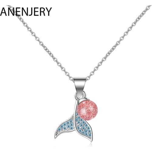 ANENJERY 925 Sterling Silver Romantic Blue Zircon Mermaid Fish Tail Necklace For Women S-N450
