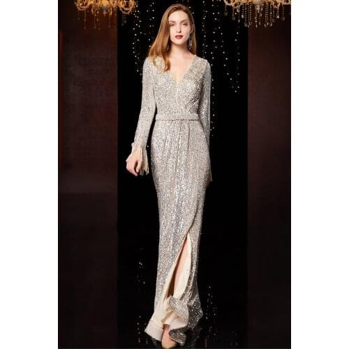 Women Spring Sequin V Neck Mermaid Maxi Dress Elegant Silver Long Sleeve Tassel Stretchy Long Evening Party Dresses Vestidos