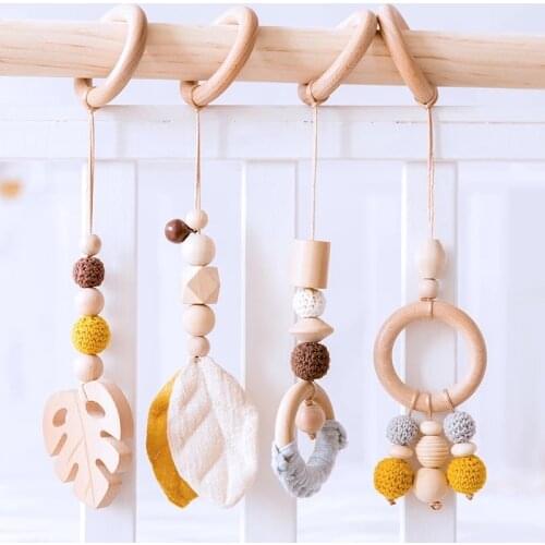 1set Baby Gym Play Nursery Wood Leaf Sensory Ring Baby Rattle Toys Wooden Frame Kids Room Decoration Accessories Baby Gift