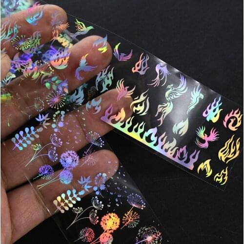 10 Sheets 4*20cm Holographic Nail Foil stickers Flame Dandelion Panda Bamboo Holo Nail Transfer Sticker
