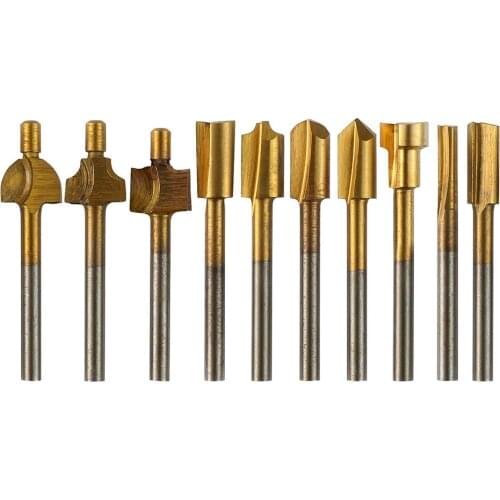 10PCS Titanium Coat HSS Router Bits Set, 1/8" Shank, High Speed Steel Milling Cutter Kit, RB10A