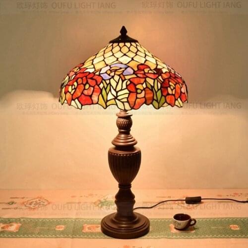 16 Inch Flesh Country Flowers Tiffany Table Lamp Country Style Stained Glass Lamp for Bedroom Bedside Lamp E27 110-240V