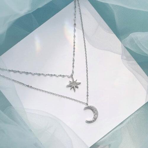 Fashion Simple Double Layer Star Moon Charm Necklace Delicate Clavicle Chain Zircon Necklace For Women Jewelry S-N576