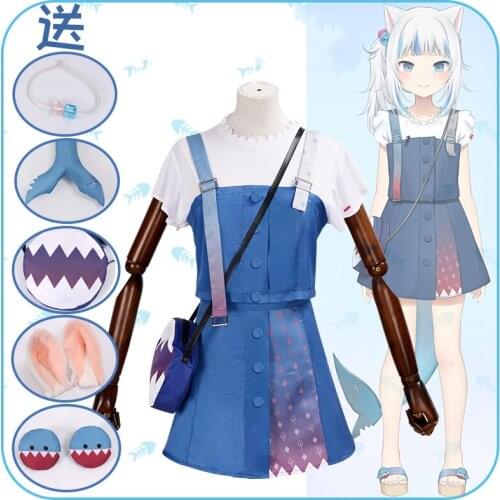 Anime Hololive VTuber Gawr Gura Blue Shark Uniform Cute Daily Dress Full Set Cosplay Costume Halloween Carnival Women Outfits