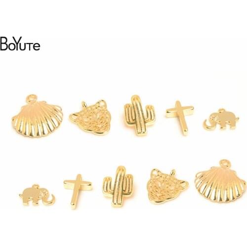 BoYuTe (10 Pieces/Lot) Metal Brass Elephant Tiger Cross Cactus Shaped Gold Pendant Charms for Jewelry Making