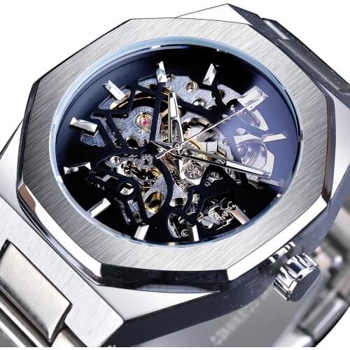 Forsining Silver Mens Watches Top Brand Luxury Automatic Mechanical Stainless Blue Fashion Skeleton Waterproof Business Clock