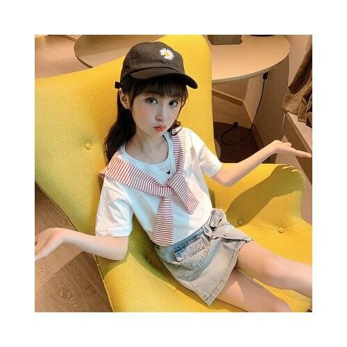 Korean version of childrens suit girls baby summer new products big boy shawl short sleeve denim skirt girl two-piece suit