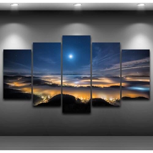 Home Room Decor Wall Art Canvas Painting Frame Poster 5 Panel Prosperous Lights Intermontane Night View Modern Pictures