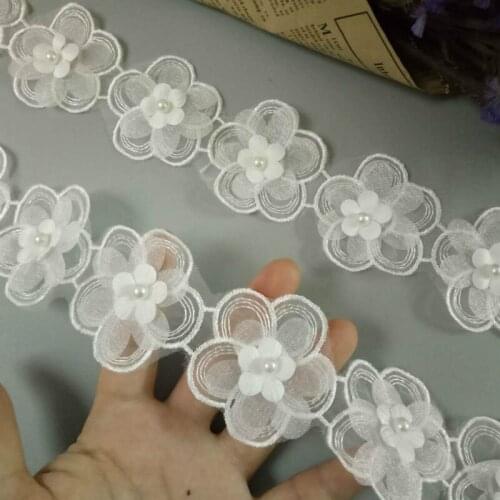 2 yard White Pearl Handmade Beaded Flower Embroidered Lace Trim Ribbon Double Layered Applique Dress DIY Sewing Craft New