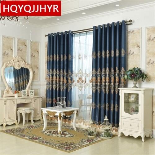 European Upscale custom pearl dark blue velvet Blackout curtains for Living Room classic luxury embroidered curtains for Bedroom