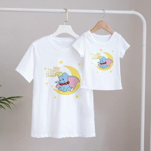 Flying Elephant Disney Cartoon T Shirt Kawaii Mommy And Me Summer Tshirts Family Look Clothes Harajuku Girls Boys Tops