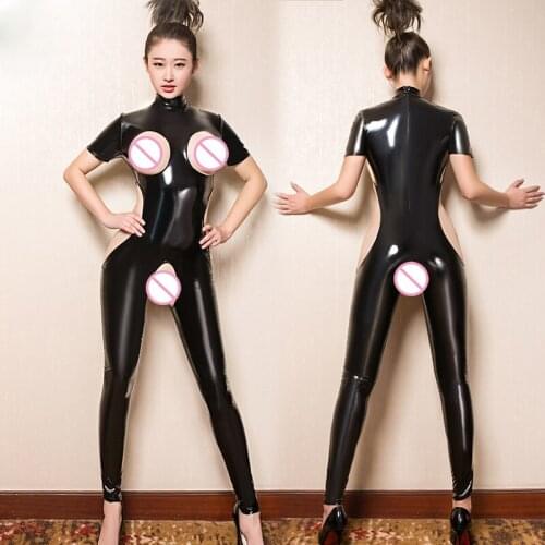 Wetlook PVC Catsuit Black Bodysuits Hollow Out Open Crotch Bodysuit Glitter Cosplay Porno Lingerie Body Sexy Hot Erotic Suit
