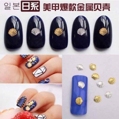Hot 100pcs Gold/Silver Alloy Sea Shell Nail Art Rhinestone Decorations Nail Tips Sticker Studs DIY Nail Supplies