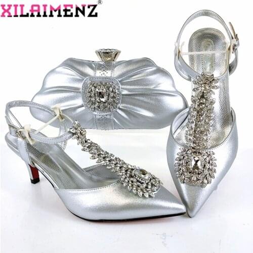 Fashionable 2021 New Design African Women Shoes and Bag to Match in Silver Color for Evening Dress Mature Women Shoes and Bag