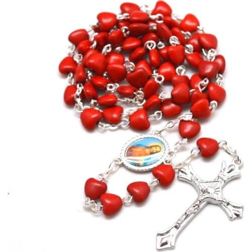 Fashion Dyeing Red Stone Heart Shape Bead Catholic Rosary Mary Center Medal