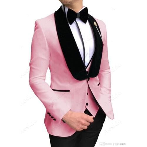 Brand New Men Suits Pink and Black Groom Tuxedos Shawl Velvet Lapel Groomsmen 3 Pieces ( Jacket+Pants+Vest+Bow Tie ) D265