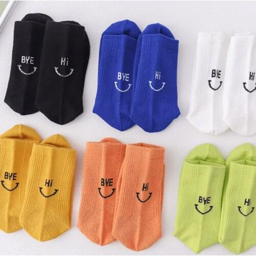 Smiley BYE HI Printing Cute Socks Korean Fashion Trend Spring And Autumn Pure Cotton Kawaii Simple Comfortable Womens Socks