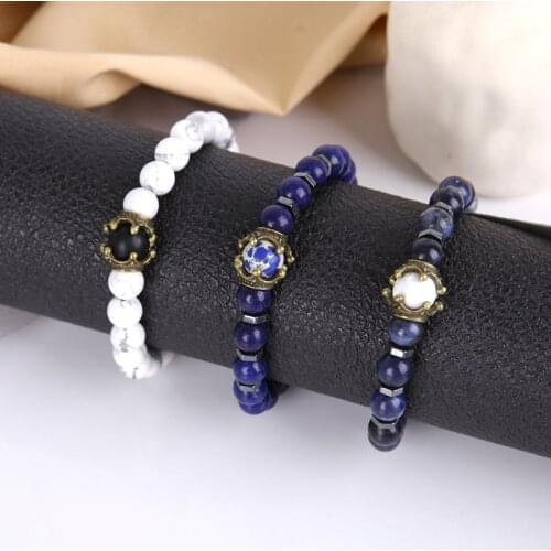 Mens Luxury Crown Tigers Eye Bracelet Blue Natural Stone Opal Beads Mens European and American Simple Beaded Hand Jewelry Hot