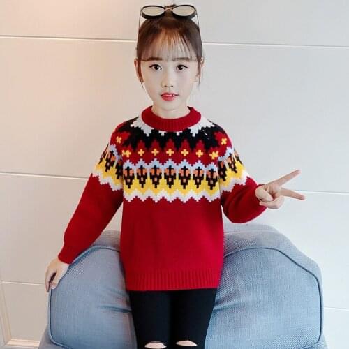 Baby Girls Sweater New Year Teen Kids Red O-Neck Sweater Long Sleeve Knited Warm Sweater Childrens Casual Tops Pullover Clothes