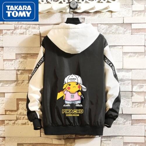 TAKARA TOMY Pokemon Mens Fashion Spring and Autumn Sweater Hooded Denim Jacket Simple Cartoon Comfortable Soft Jacket Top