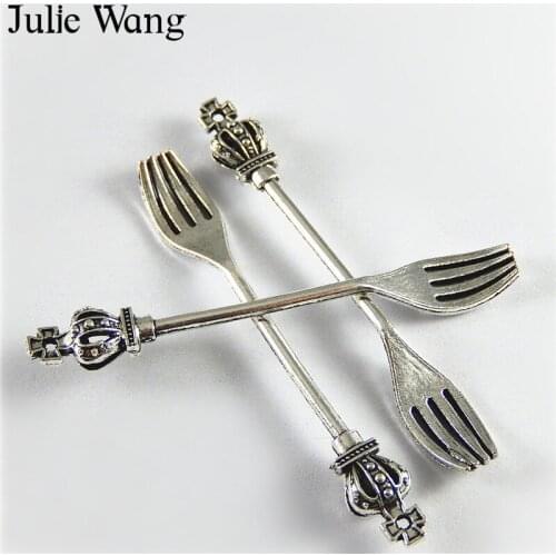 Julie Wang 10PCS Crown Fork Alloy Charms Antique Silver Color Pendant Bracelet Necklace Findings Jewelry Making Metal Accessory